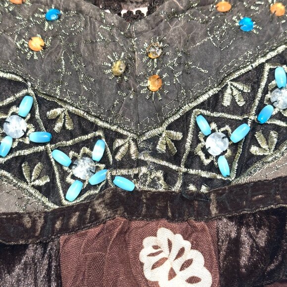 Vtg Y2K Papaya Patchwork Babydoll Dress Brown Beaded Lace Festival Eclectic Boho - Picture 14 of 16